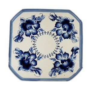 Gzhel Style Porcelain plate platter cake plate hand-painted Cobalt Blue Flowers